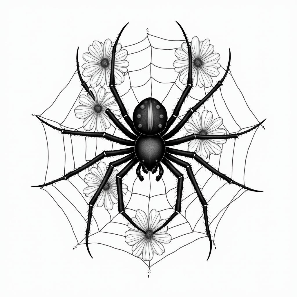 Small spider on web with lots of flowersin japanese style tattoo, detailed tattoo, traditional japanese culture tattoo, mythology, 8k - Variation 3