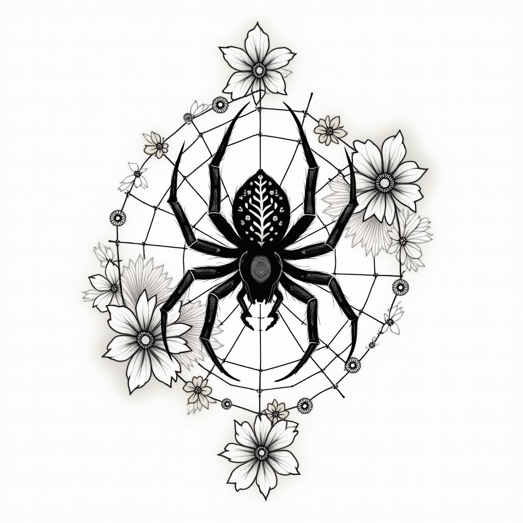 Small spider on web with lots of flowersin japanese style tattoo, detailed tattoo, traditional japanese culture tattoo, mythology, 8k
