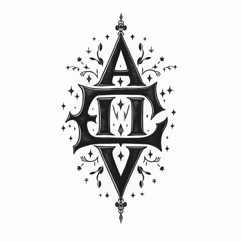 Letters a, e, c, v, h intertwined.in bohemian style tattoo, 8k - Variation 3