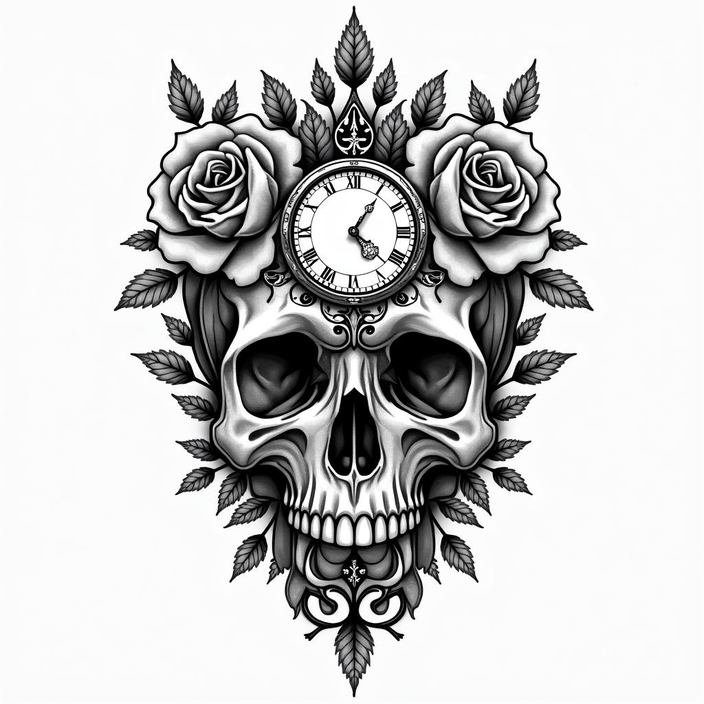 Skull with roses and clock elementsin ornamental tattoo style, featuring intricate symmetrical patterns and floral designs, showcasing highly detailed line work and geometric shapes, creating a sense of elegance and balance - Variation 3