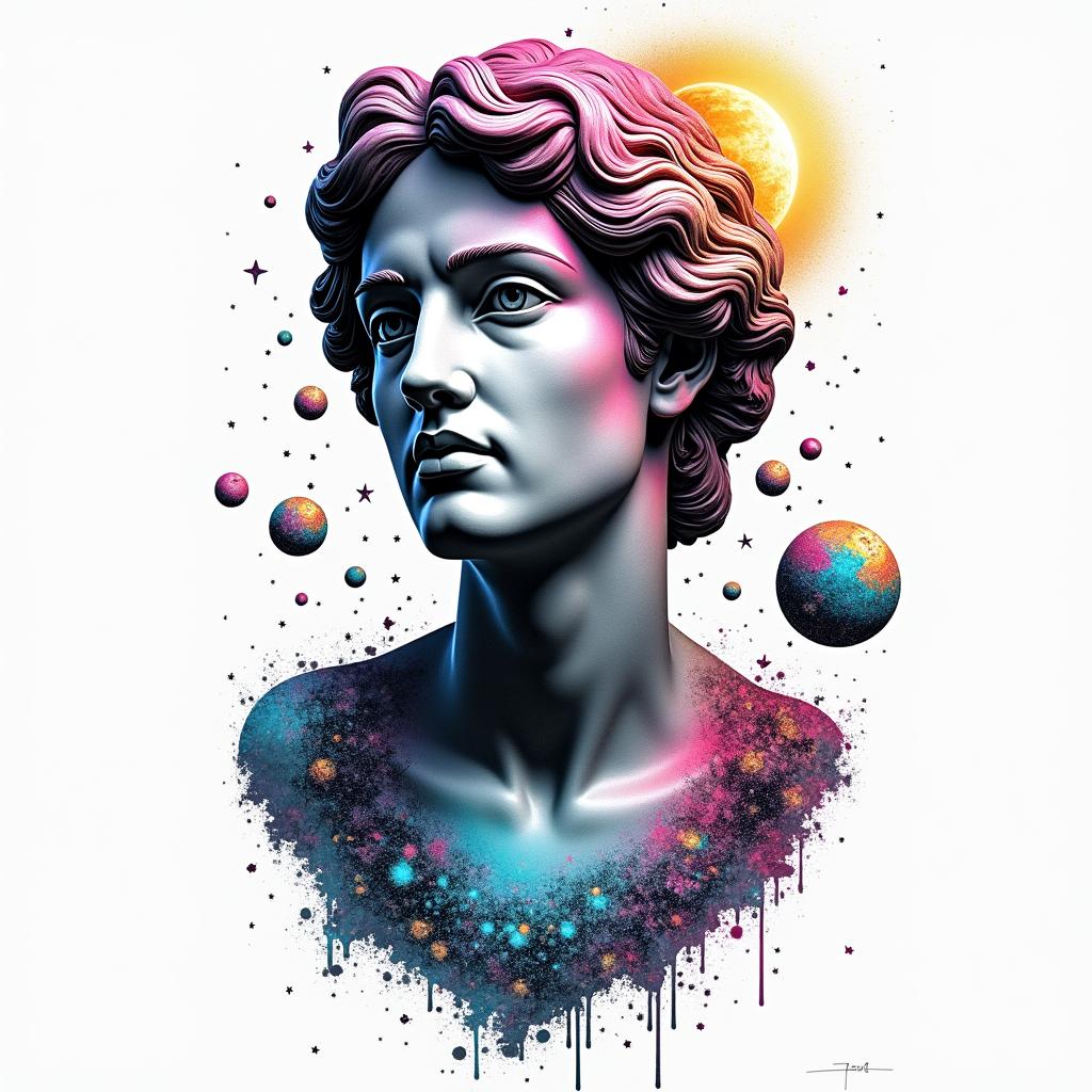 Spiral galaxy with stars and planetsin distorted and fragmented tattoo design, featuring a classical statue bust, in a glitch art style with vibrant, overlapping colors of cyan, magenta, and yellow, creating a digital distortion effect - Variation 2