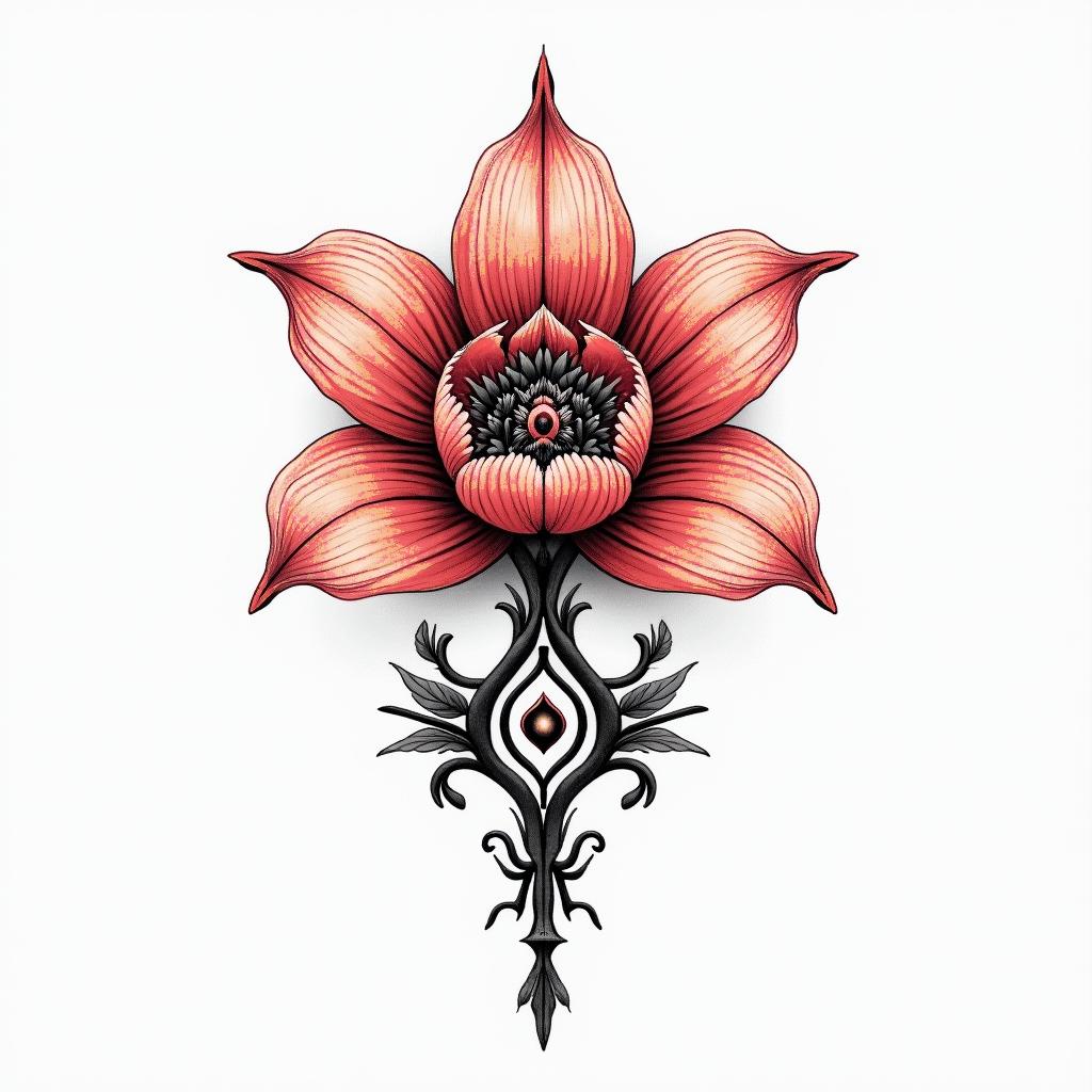 Chinese cherry blossom strong red symbol powerfulin spiritual symbols tattoo style, featuring an intricate design incorporating elements, Hamsa hand, third eye, minimalist composition