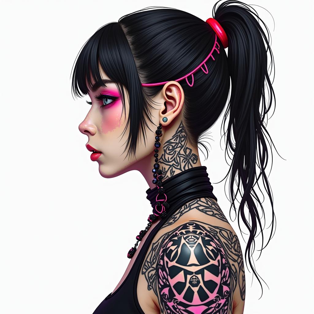 Futuristic cyberpunk girl with neon accentstext-based tattoo, japanese font ultra-realistic, perfectly placed, high-quality font design, photo-realistic shading, 8k, high quality, finely detailed typograph - Variation 2