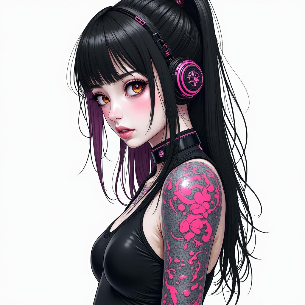 Futuristic cyberpunk girl with neon accentstext-based tattoo, japanese font ultra-realistic, perfectly placed, high-quality font design, photo-realistic shading, 8k, high quality, finely detailed typograph - Variation 4