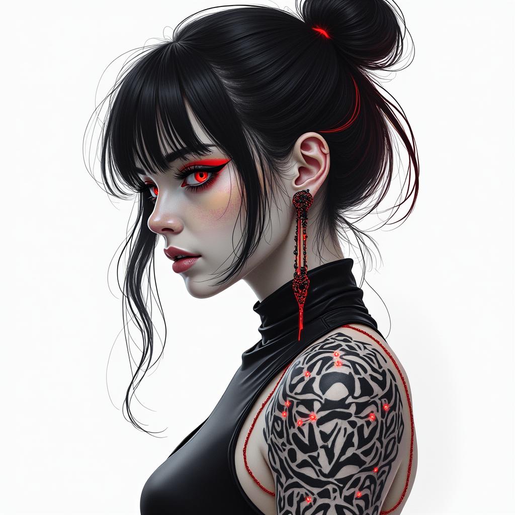 Futuristic cyberpunk girl with neon accentstext-based tattoo, japanese font ultra-realistic, perfectly placed, high-quality font design, photo-realistic shading, 8k, high quality, finely detailed typograph - Variation 3