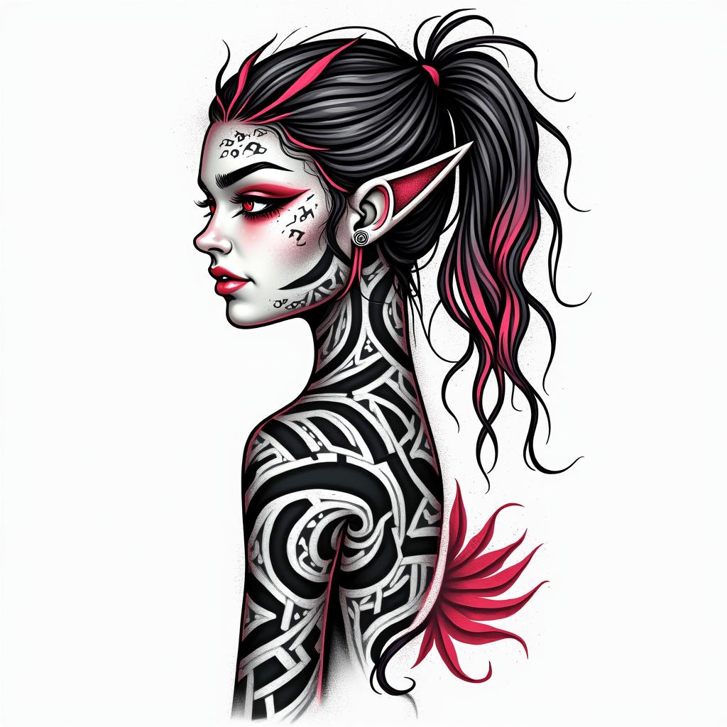 Futuristic cyberpunk girl with neon accentsin tribal tattoo style, featuring bold and black geometric shapes, curved lines, intertwine and flow seamlessly, creating a powerful and symbolic design, polynesian and maori styles - Variation 7