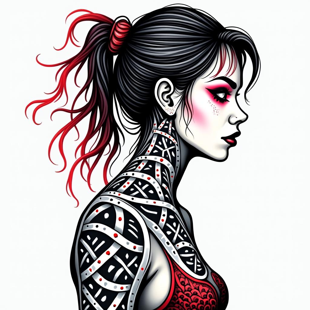 Futuristic cyberpunk girl with neon accentsin tribal tattoo style, featuring bold and black geometric shapes, curved lines, intertwine and flow seamlessly, creating a powerful and symbolic design, polynesian and maori styles - Variation 5