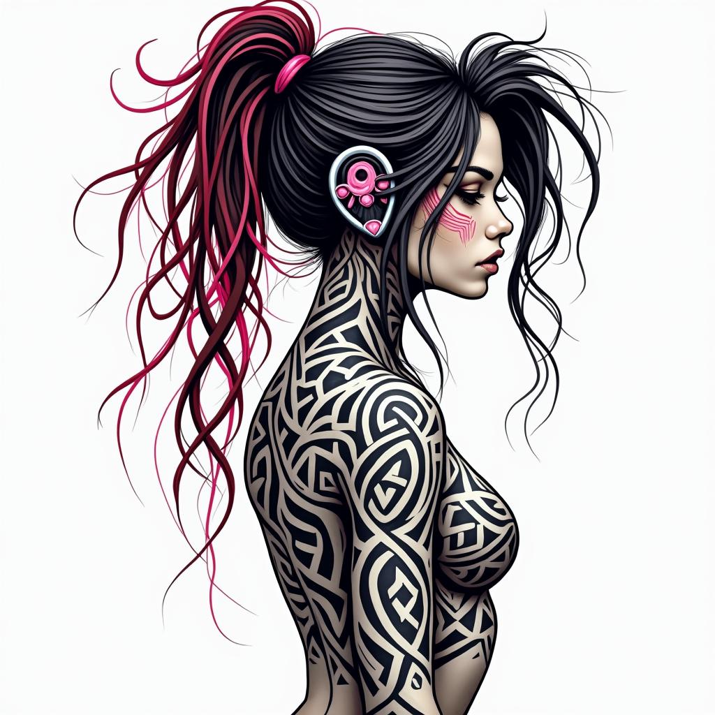 Futuristic cyberpunk girl with neon accentsin tribal tattoo style, featuring bold and black geometric shapes, curved lines, intertwine and flow seamlessly, creating a powerful and symbolic design, polynesian and maori styles - Variation 6