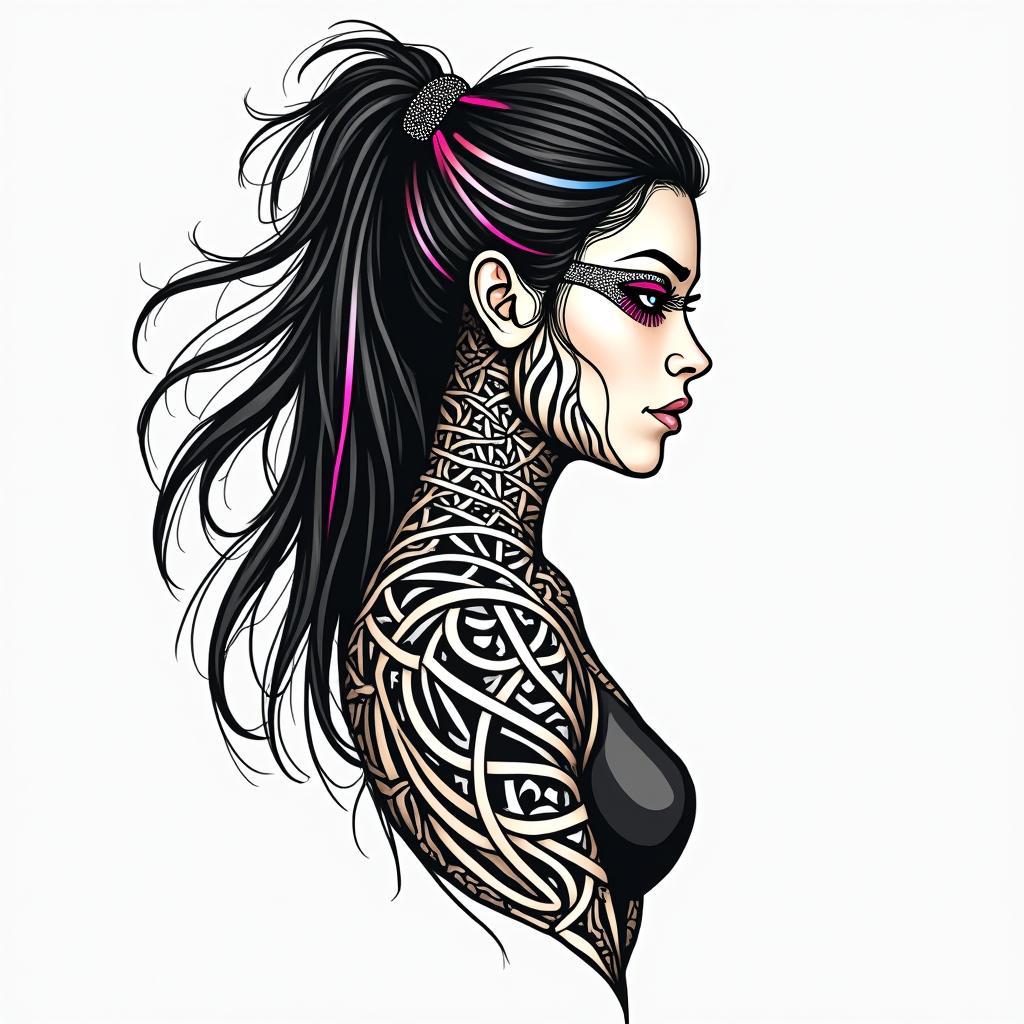 Futuristic cyberpunk girl with neon accentsin tribal tattoo style, featuring bold and black geometric shapes, curved lines, intertwine and flow seamlessly, creating a powerful and symbolic design, polynesian and maori styles - Variation 8