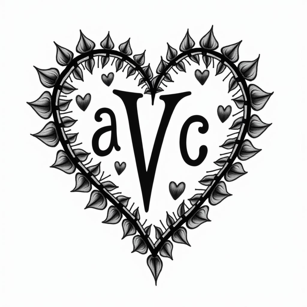 Letters a, e, c, v, h in a heartin bohemian style tattoo, 8k