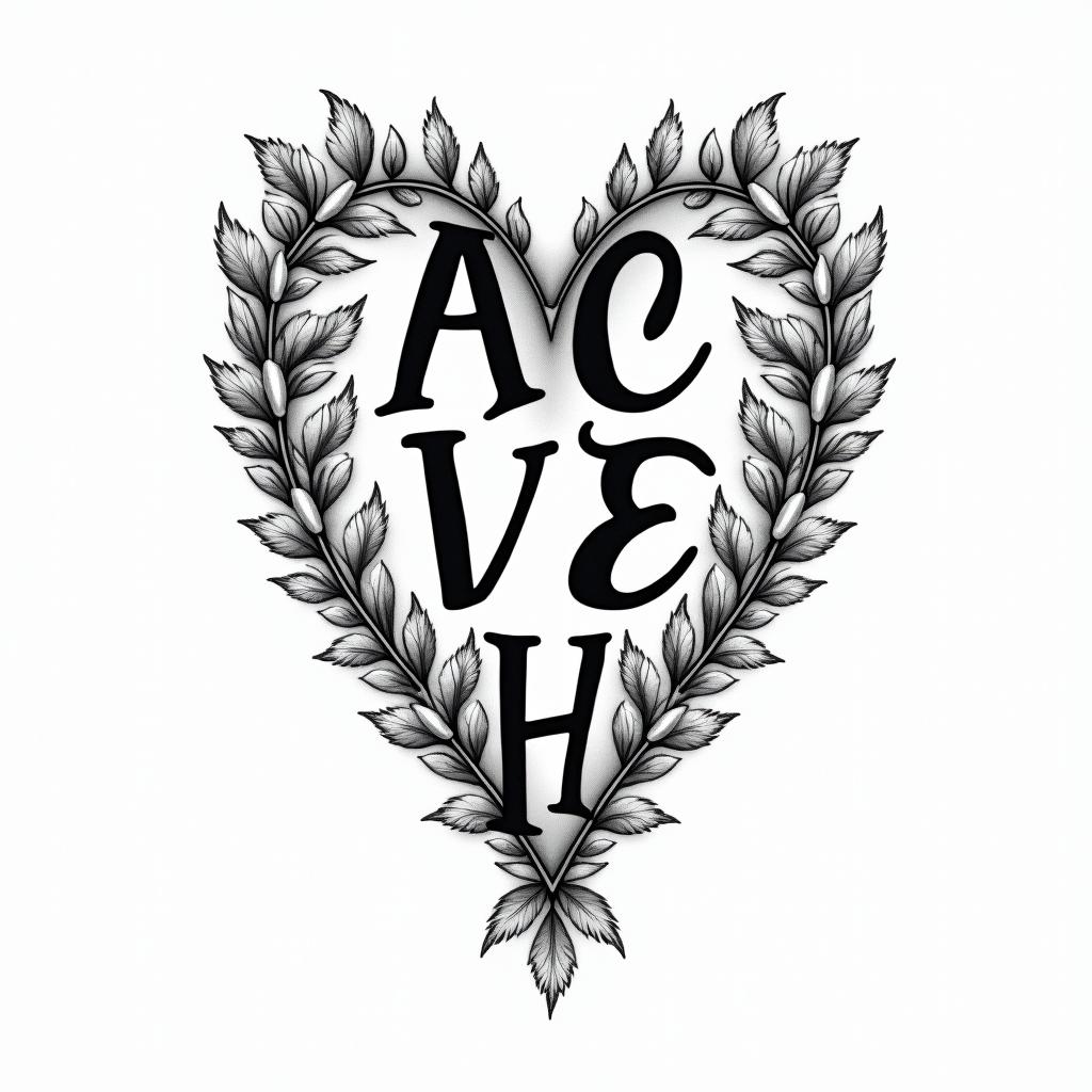 Letters a, e, c, v, h in a heartin bohemian style tattoo, 8k - Variation 3