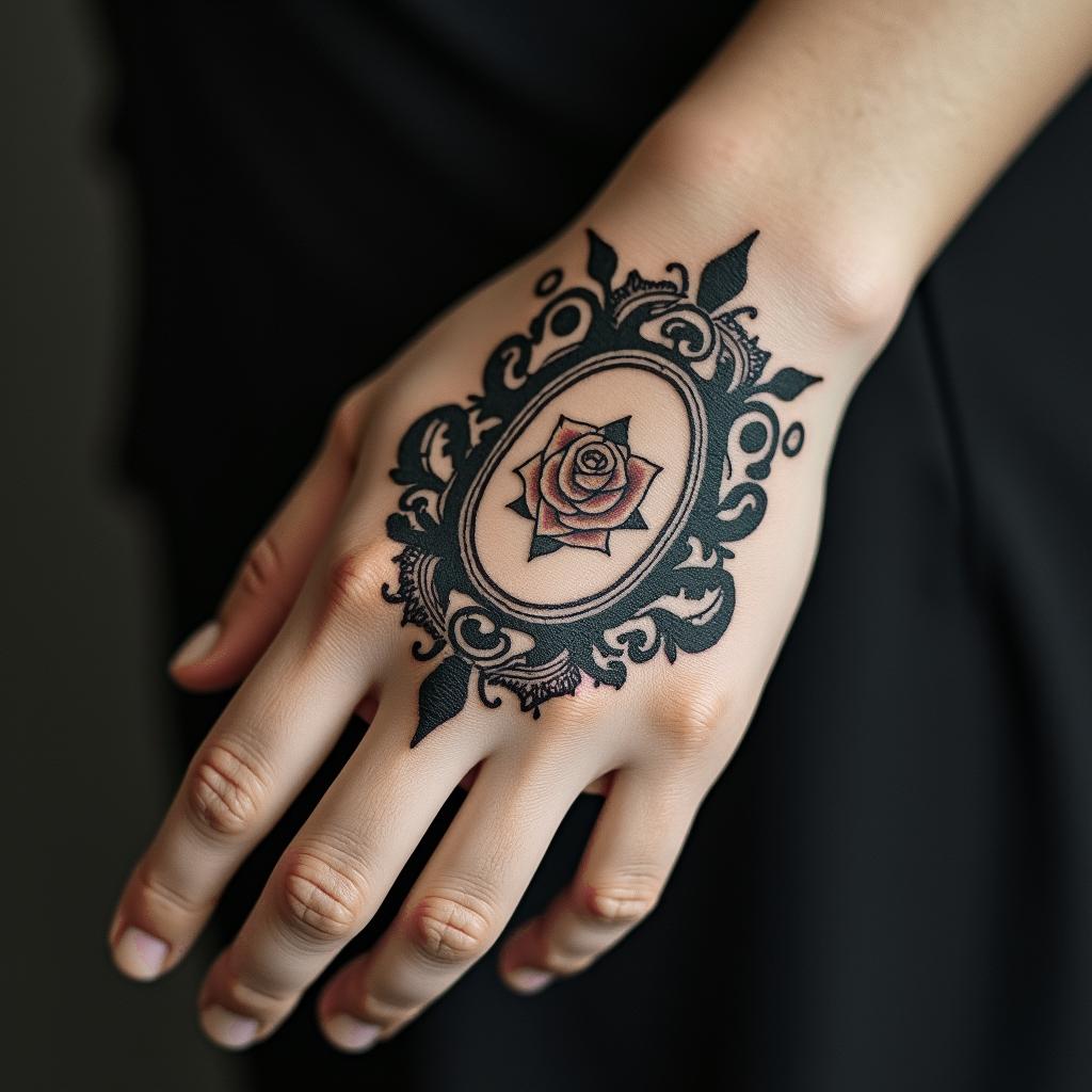 Hate lifein victorian style tattoo, featuring vintage and elegant elements, ornate frames, roses, antique, sepia-toned color scheme