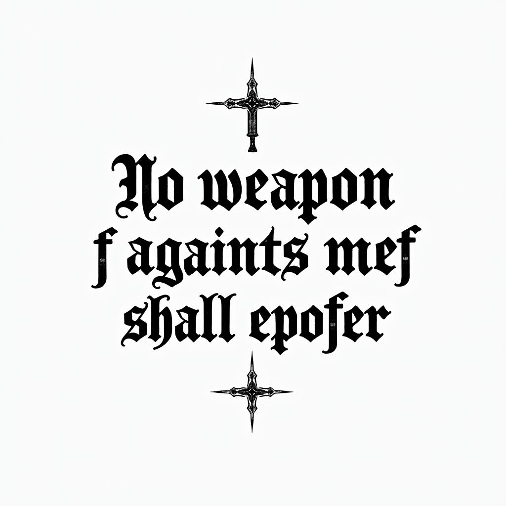 No weapon formed against me shall prospertext-based tattoo, gothic font ultra-realistic, perfectly placed, high-quality font design, photo-realistic shading, 8k, high quality, finely detailed typography - Variation 4