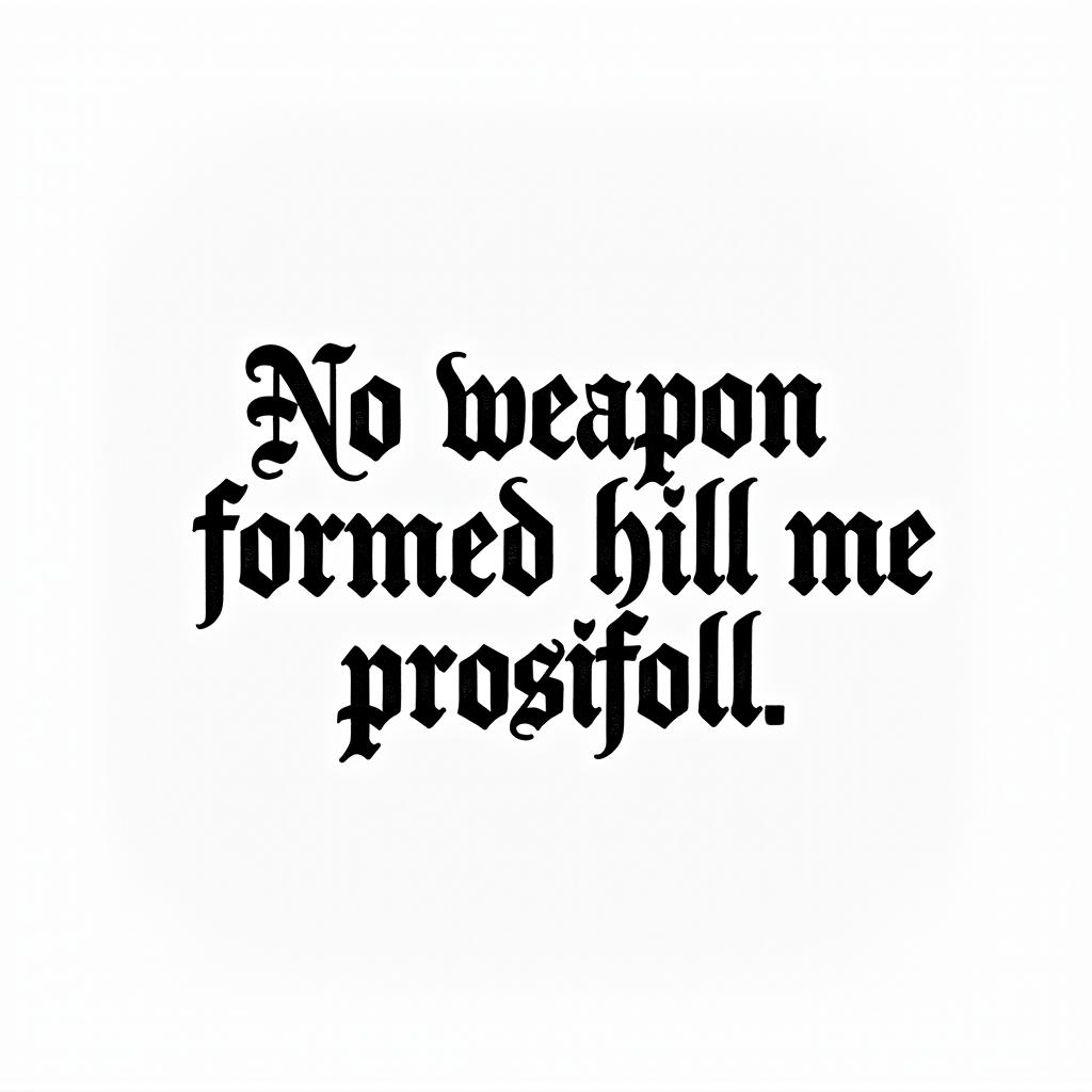 No weapon formed against me shall prospertext-based tattoo, gothic font ultra-realistic, perfectly placed, high-quality font design, photo-realistic shading, 8k, high quality, finely detailed typography