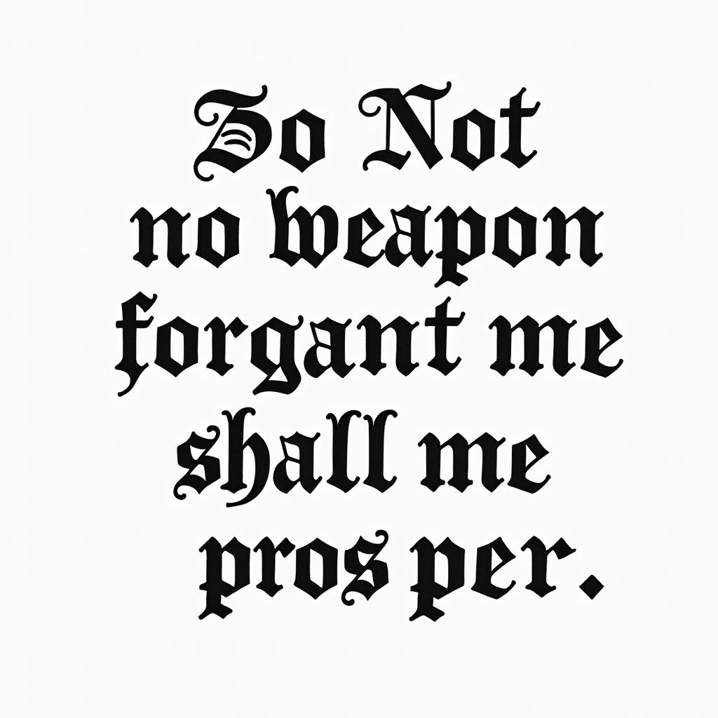 No weapon formed against me shall prospertext-based tattoo, gothic font ultra-realistic, perfectly placed, high-quality font design, photo-realistic shading, 8k, high quality, finely detailed typography - Variation 3