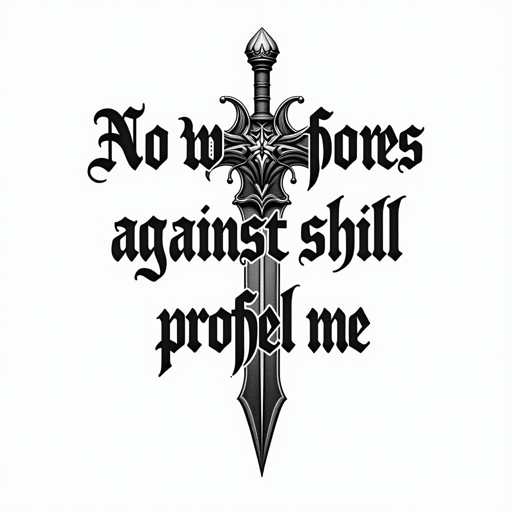 No weapon formed against me shall prospertext-based tattoo, gothic font ultra-realistic, perfectly placed, high-quality font design, photo-realistic shading, 8k, high quality, finely detailed typography - Variation 2