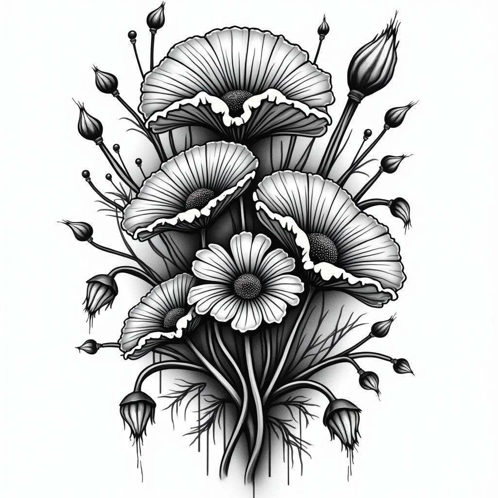 Vines flowers mushroomsin graffiti style tattoo, featuring bold and dynamic street art elements, spray-paint texture with exaggerated lines and expressive, chaotic brushstrokes, intricate lettering incorporated with graffiti tags, symbols like hearts, stars, and wings - Variation 4
