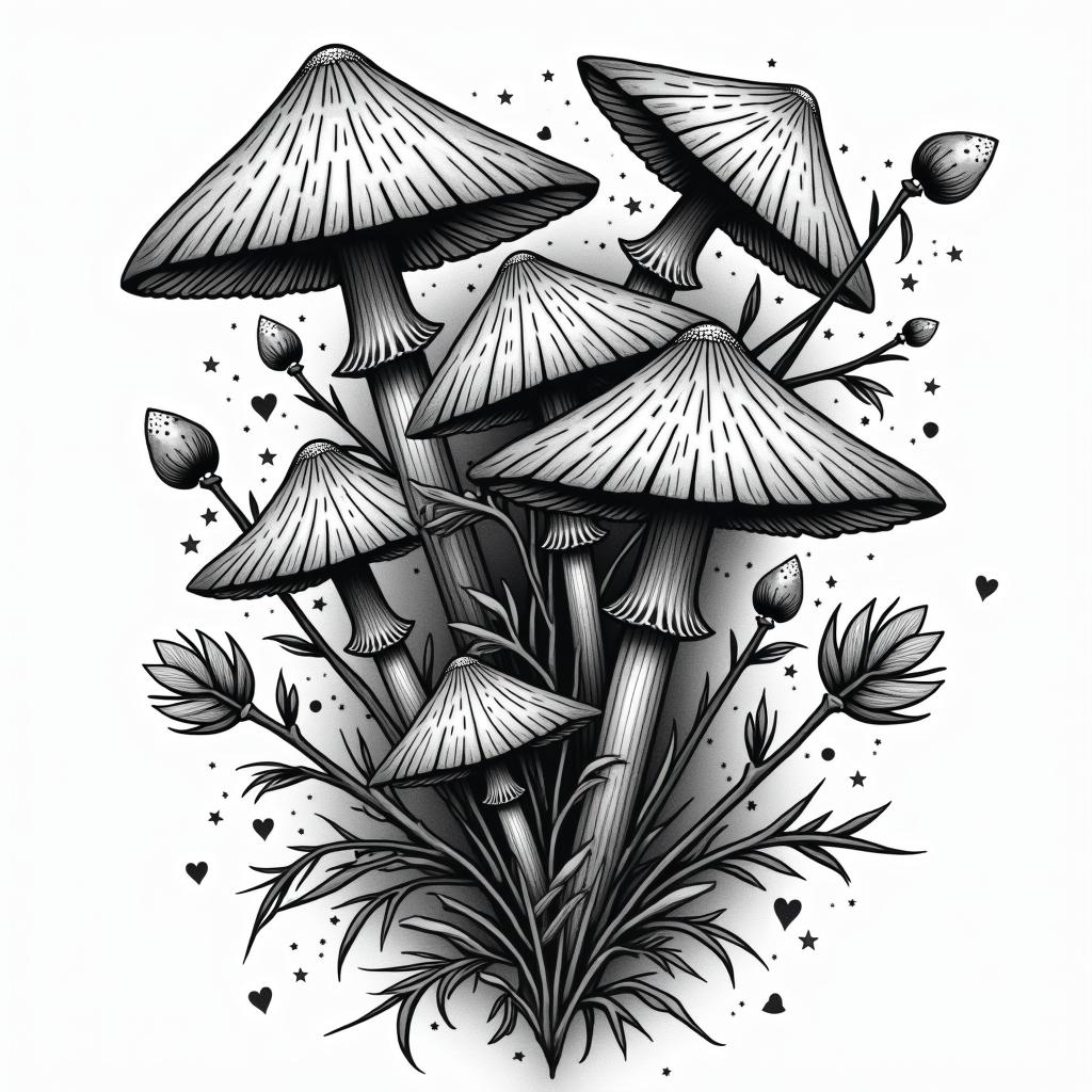 Vines flowers mushroomsin graffiti style tattoo, featuring bold and dynamic street art elements, spray-paint texture with exaggerated lines and expressive, chaotic brushstrokes, intricate lettering incorporated with graffiti tags, symbols like hearts, stars, and wings - Variation 3