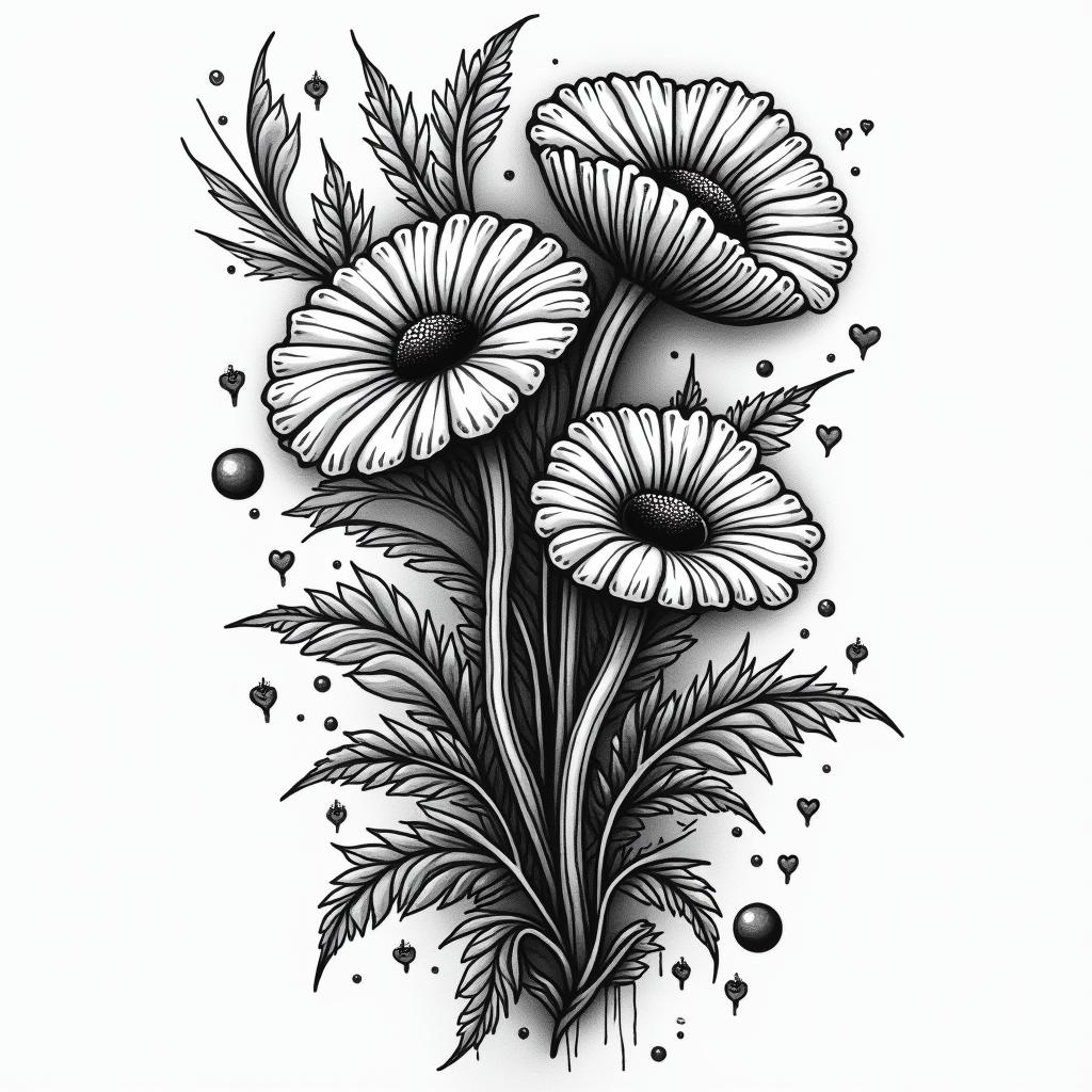 Vines flowers mushroomsin graffiti style tattoo, featuring bold and dynamic street art elements, spray-paint texture with exaggerated lines and expressive, chaotic brushstrokes, intricate lettering incorporated with graffiti tags, symbols like hearts, stars, and wings