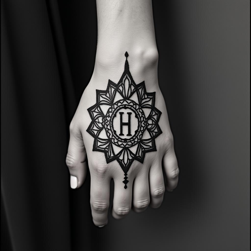 Letters a, e, c, v, h in a mandala.in bohemian style tattoo, 8k - Variation 3