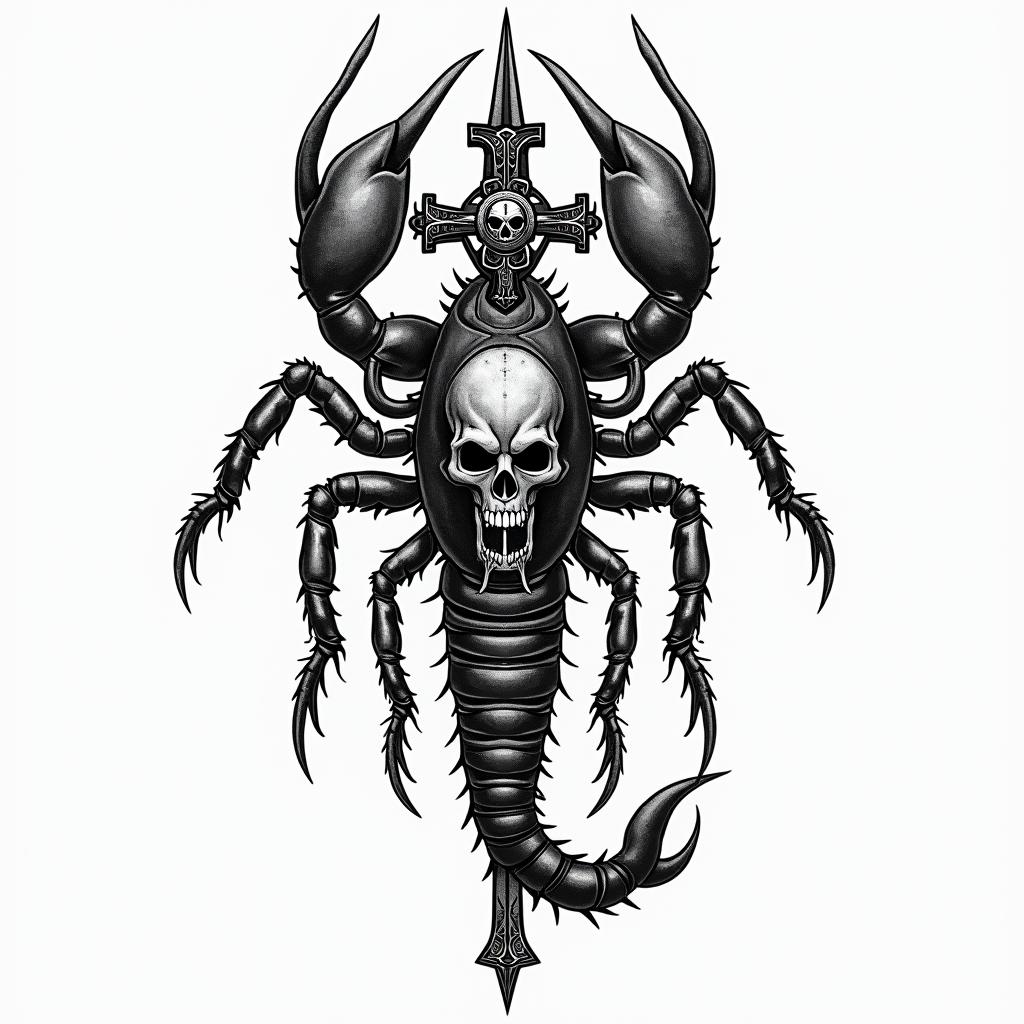 Scorpion with sharp and detailed clawsin chicano style tattoo, featuring intricate black and grey shading, bold elements of traditional chicano culture symbols, add a big cross with skull, chains and roses - Variation 5