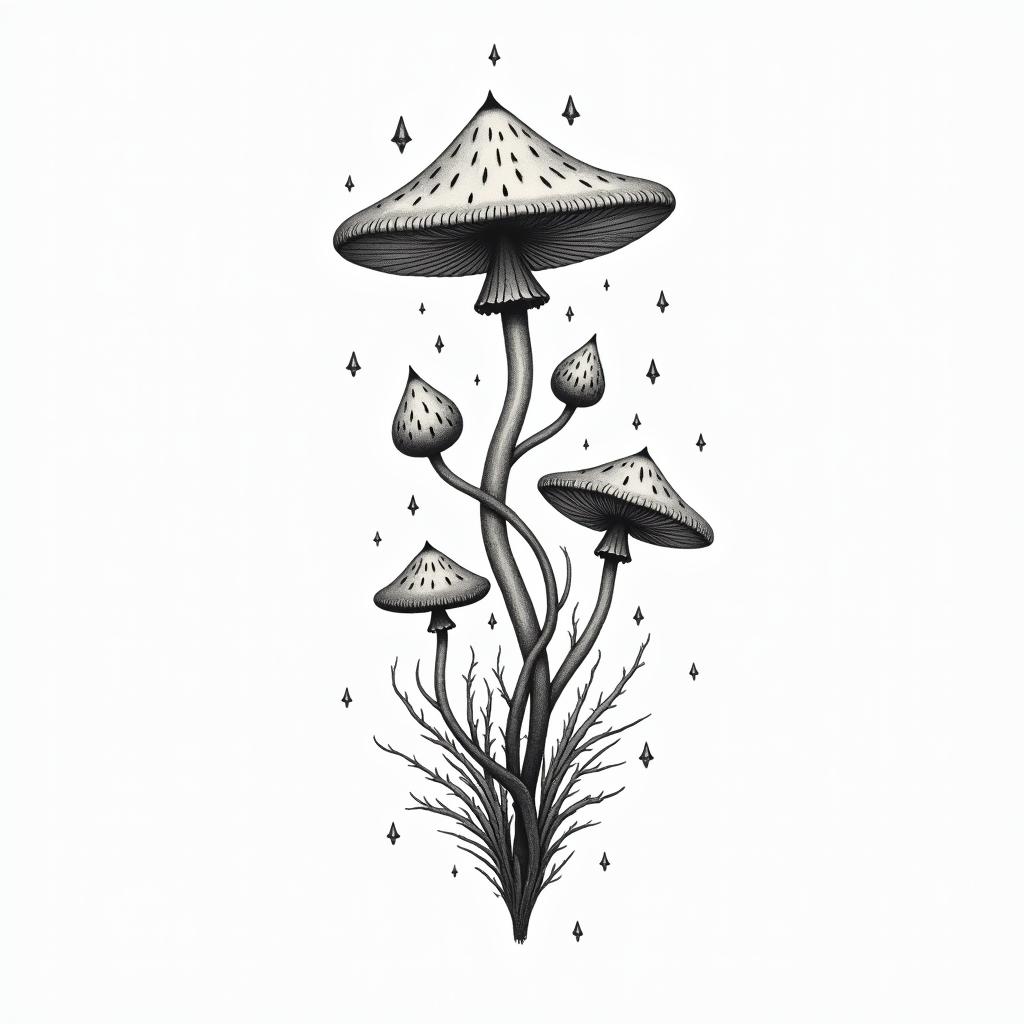 Vines flowers and mushrooms trippyin minimalist style tattoo, featuring simple shapes and fine lines, with minimal shading and details, tiny triangles, creating a sense of balance and harmony - Variation 3