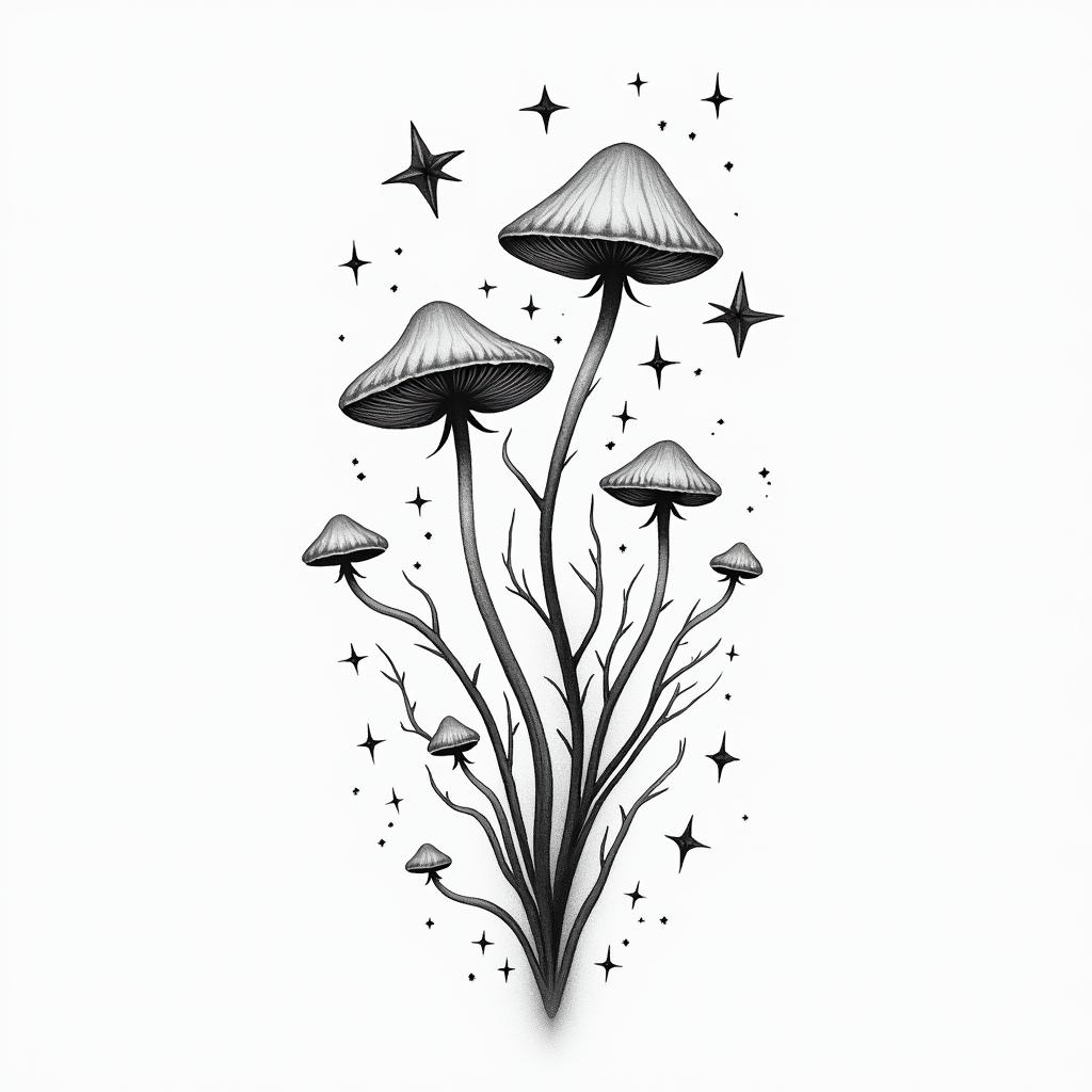 Vines flowers and mushrooms trippyin minimalist style tattoo, featuring simple shapes and fine lines, with minimal shading and details, tiny triangles, creating a sense of balance and harmony - Variation 4