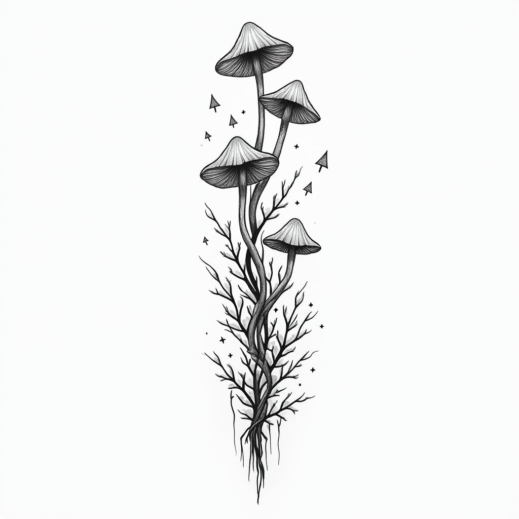Vines flowers and mushrooms trippyin minimalist style tattoo, featuring simple shapes and fine lines, with minimal shading and details, tiny triangles, creating a sense of balance and harmony
