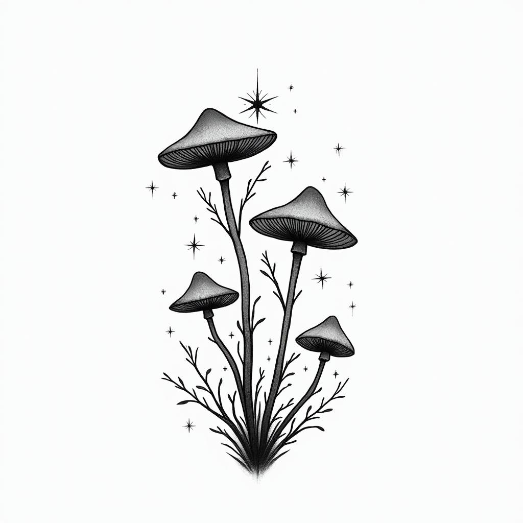 Vines flowers and mushrooms trippyin minimalist style tattoo, featuring simple shapes and fine lines, with minimal shading and details, tiny triangles, creating a sense of balance and harmony - Variation 2