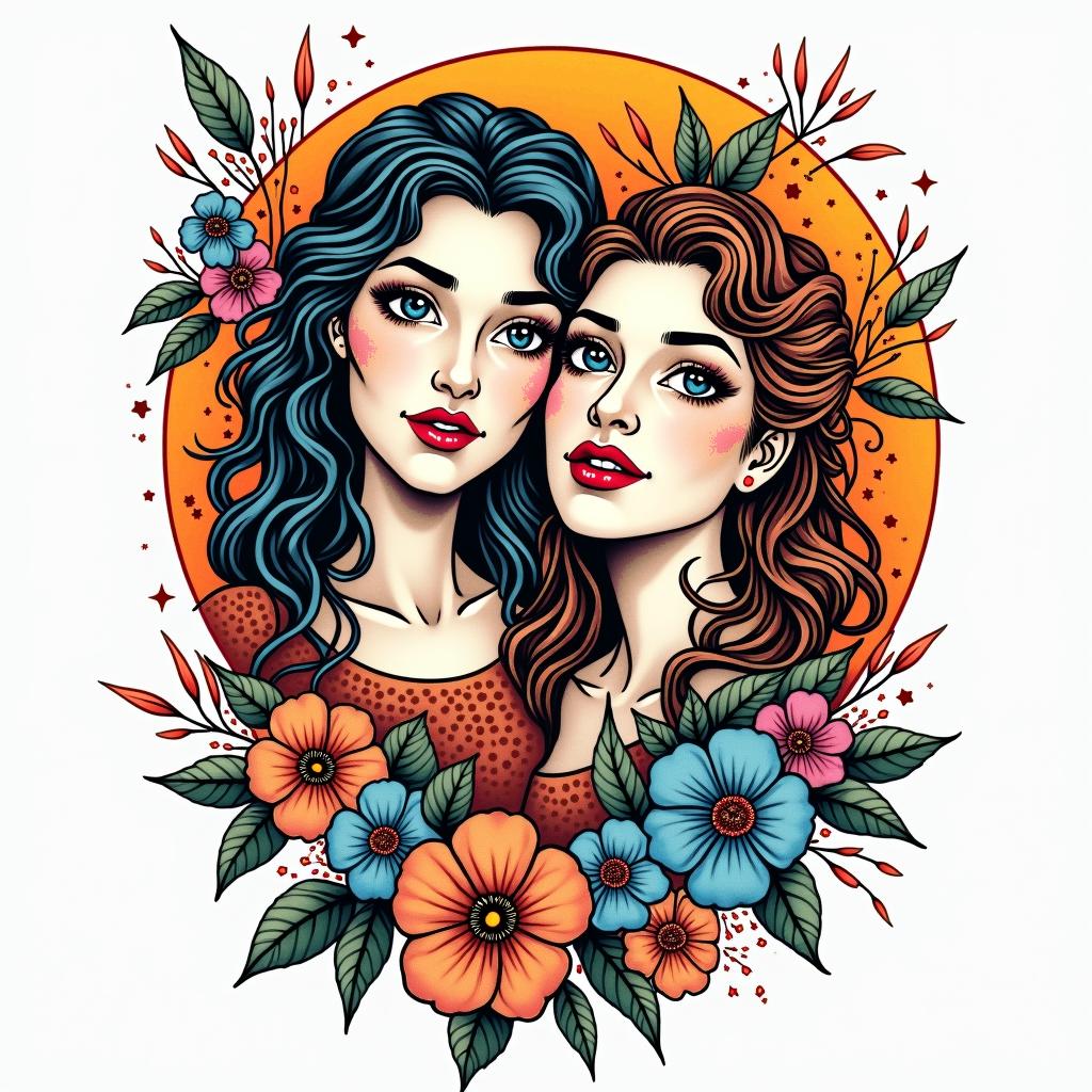 Virgo and Sagittarius couplein pop art style tattoo, featuring bold and vibrant colors, exaggerated outlines, iconic imagery, inspired by comic books and speech bubbles, comic book characters, retro pop culture - Variation 3