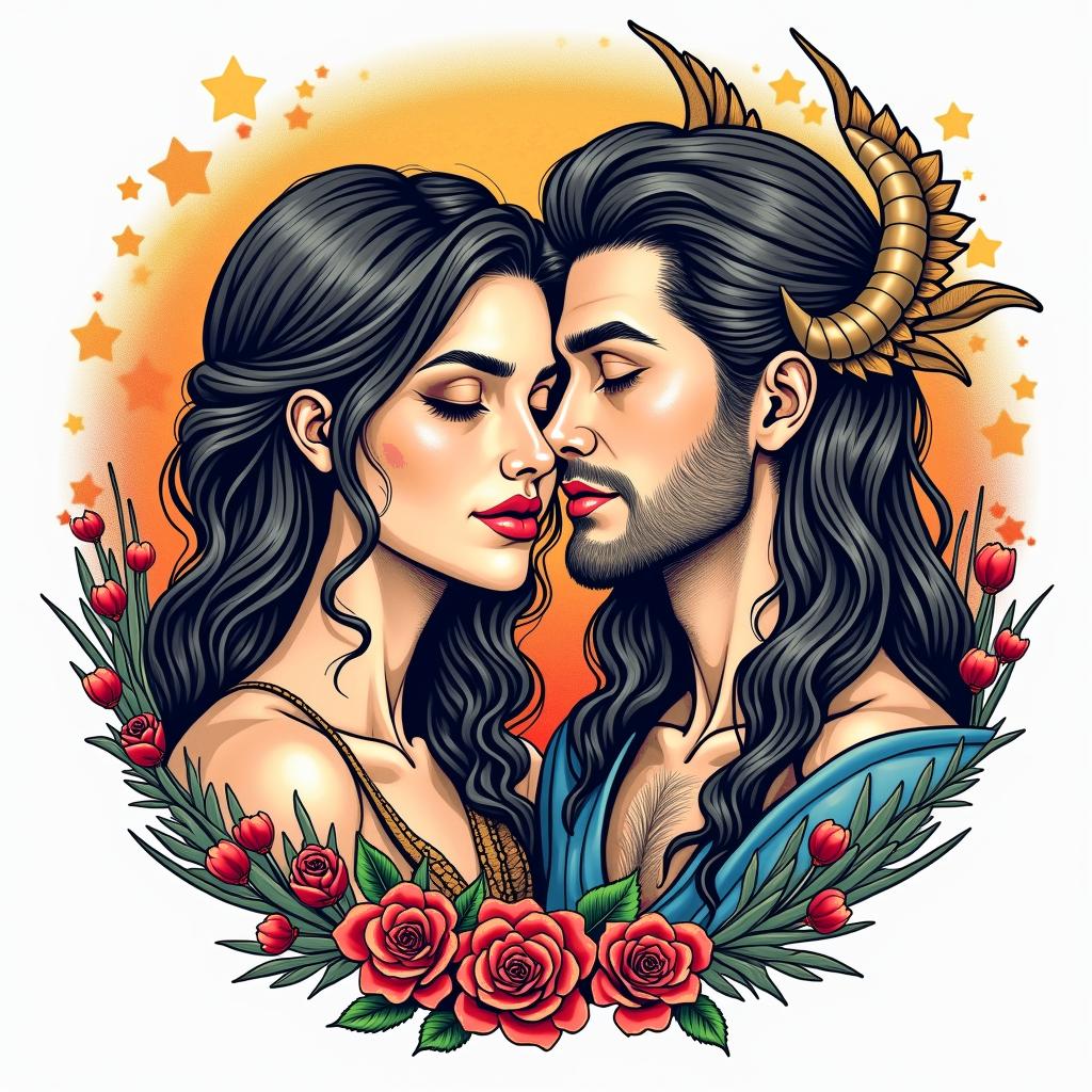 Virgo and Sagittarius couplein pop art style tattoo, featuring bold and vibrant colors, exaggerated outlines, iconic imagery, inspired by comic books and speech bubbles, comic book characters, retro pop culture - Variation 4