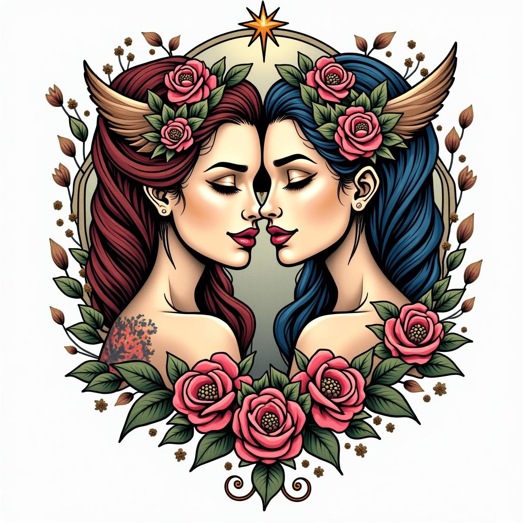 Virgo and Sagittarius couplein pop art style tattoo, featuring bold and vibrant colors, exaggerated outlines, iconic imagery, inspired by comic books and speech bubbles, comic book characters, retro pop culture - Variation 2