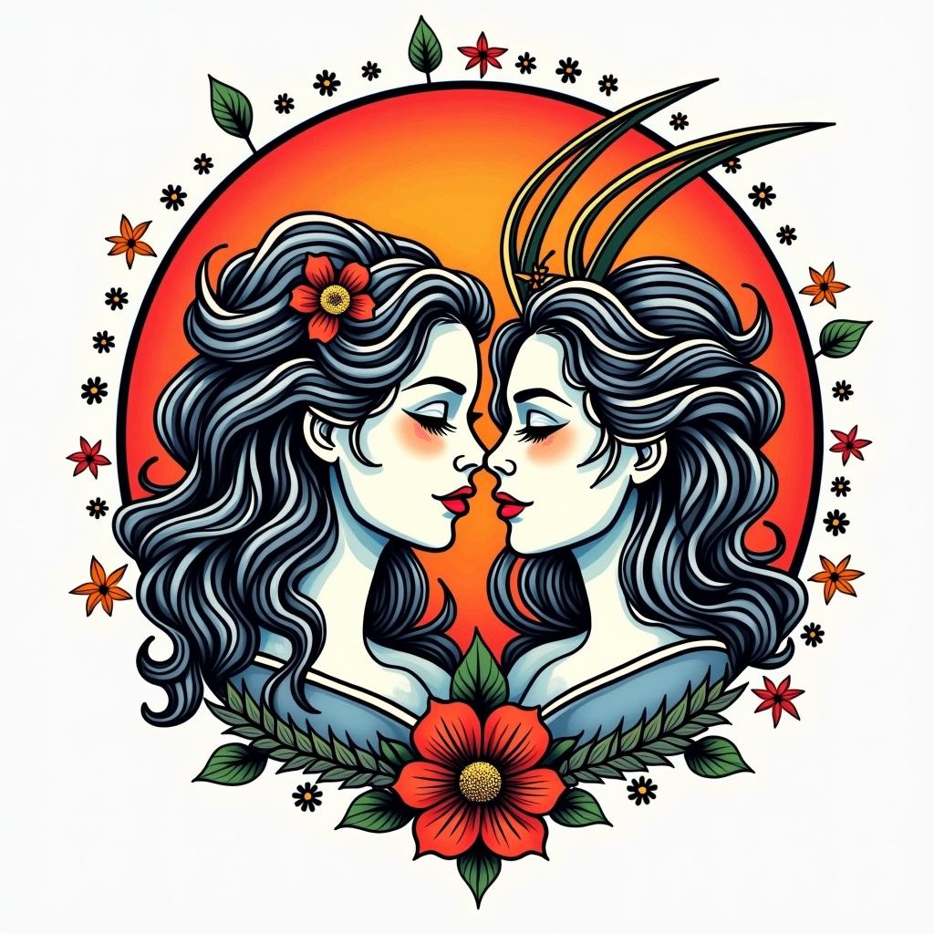 Virgo and Sagittarius couplein pop art style tattoo, featuring bold and vibrant colors, exaggerated outlines, iconic imagery, inspired by comic books and speech bubbles, comic book characters, retro pop culture