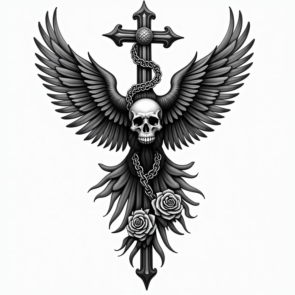 Hail phoenixin chicano style tattoo, featuring intricate black and grey shading, bold elements of traditional chicano culture symbols, add a big cross with skull, chains and roses