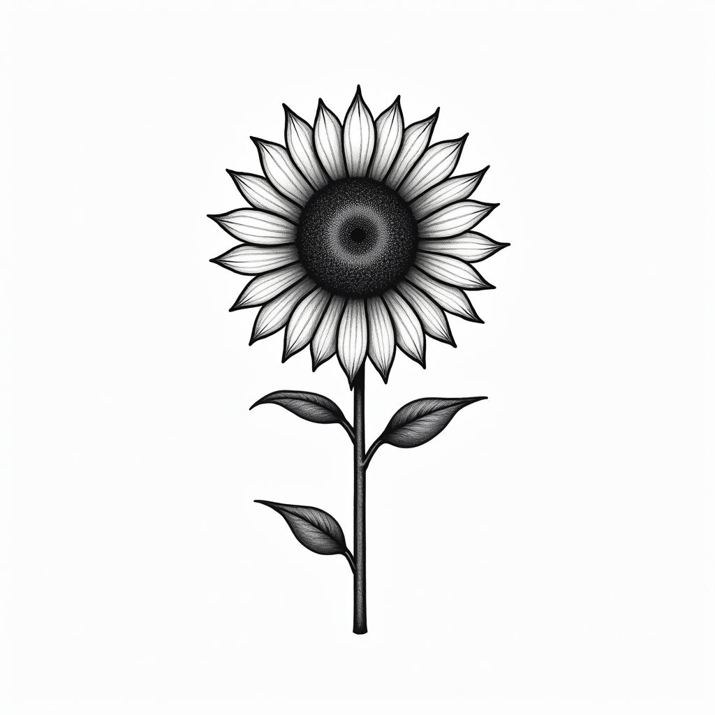 Sunflower flowerin minimalist style tattoo, featuring simple shapes and fine lines, with minimal shading and details, tiny triangles, creating a sense of balance and harmony - Variation 4
