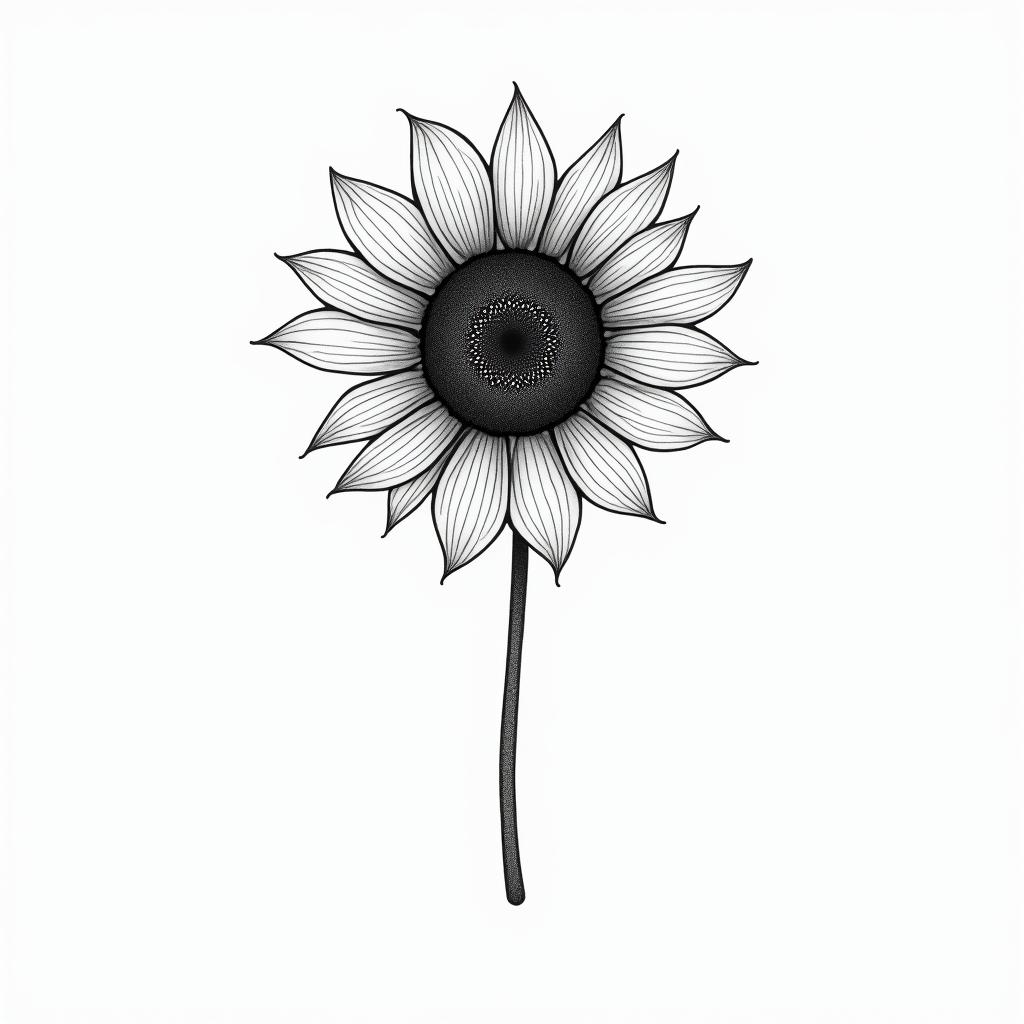 Sunflower flowerin minimalist style tattoo, featuring simple shapes and fine lines, with minimal shading and details, tiny triangles, creating a sense of balance and harmony