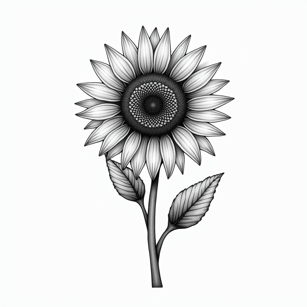 Sunflower flowerin minimalist style tattoo, featuring simple shapes and fine lines, with minimal shading and details, tiny triangles, creating a sense of balance and harmony - Variation 2