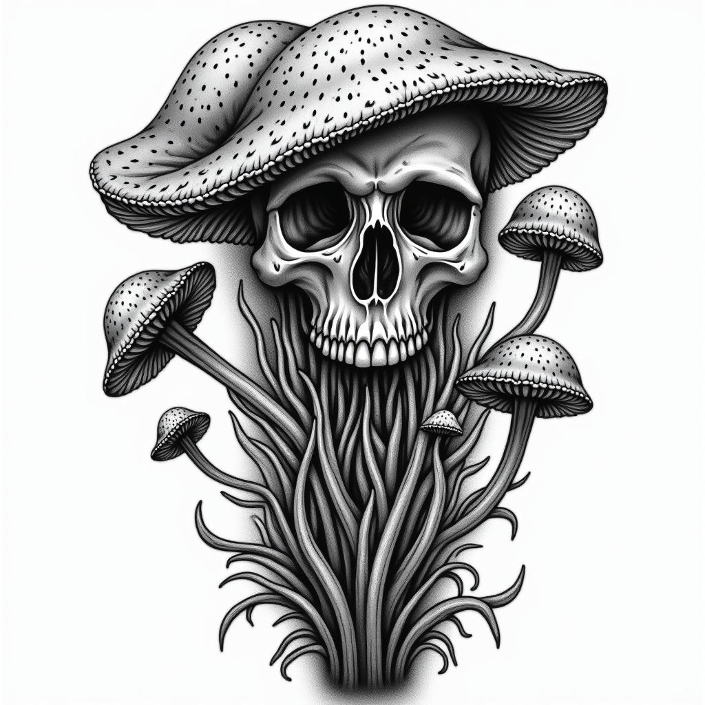 Vines flowers and mushrooms trippy in horror tattoo style, showcasing haunting and unsettling, dark and gritty textures with skulls, eerie faces, jgged designs, bold and intense shading - Variation 3