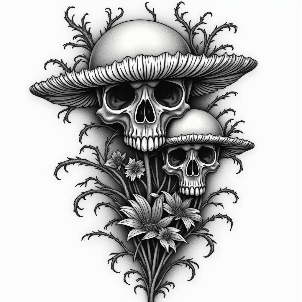 Vines flowers and mushrooms trippy in horror tattoo style, showcasing haunting and unsettling, dark and gritty textures with skulls, eerie faces, jgged designs, bold and intense shading