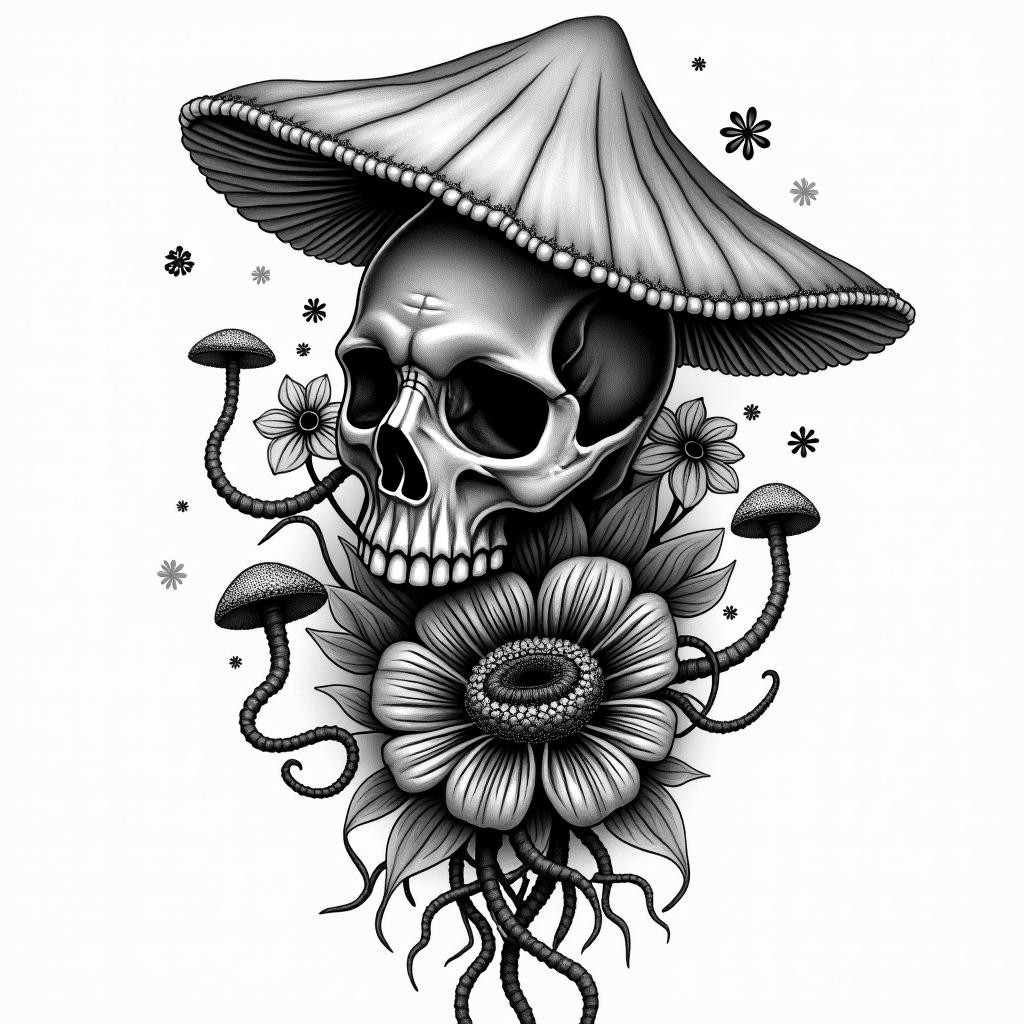 Vines flowers and mushrooms trippy in horror tattoo style, showcasing haunting and unsettling, dark and gritty textures with skulls, eerie faces, jgged designs, bold and intense shading - Variation 4