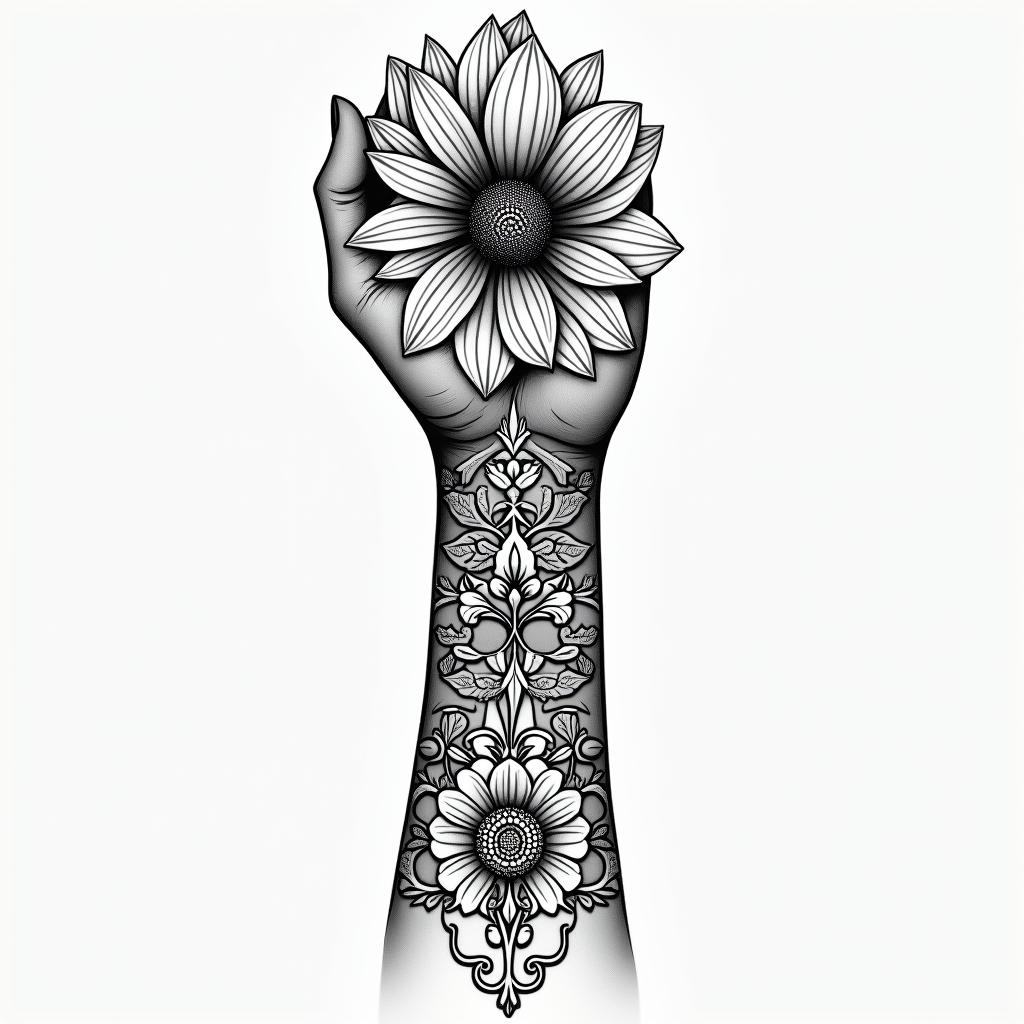 flower wristin ornamental tattoo style, featuring intricate symmetrical patterns and floral designs, showcasing highly detailed line work and geometric shapes, creating a sense of elegance and balance - Variation 3