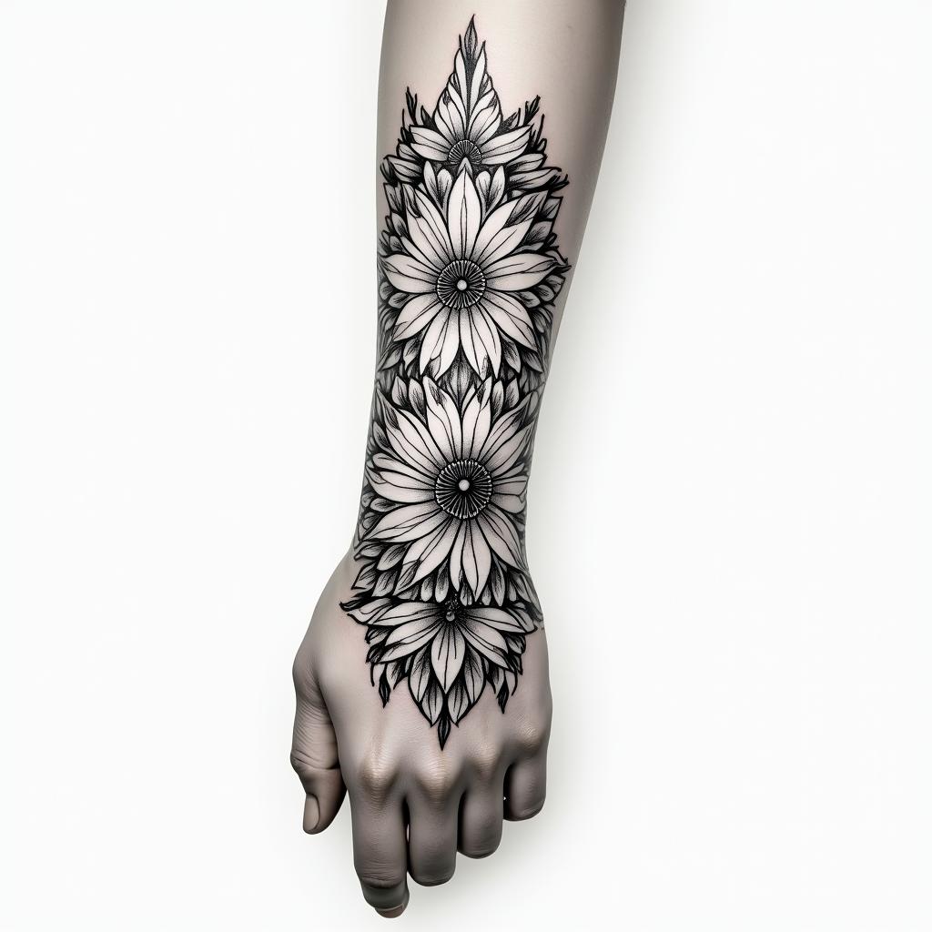 flower wristin ornamental tattoo style, featuring intricate symmetrical patterns and floral designs, showcasing highly detailed line work and geometric shapes, creating a sense of elegance and balance