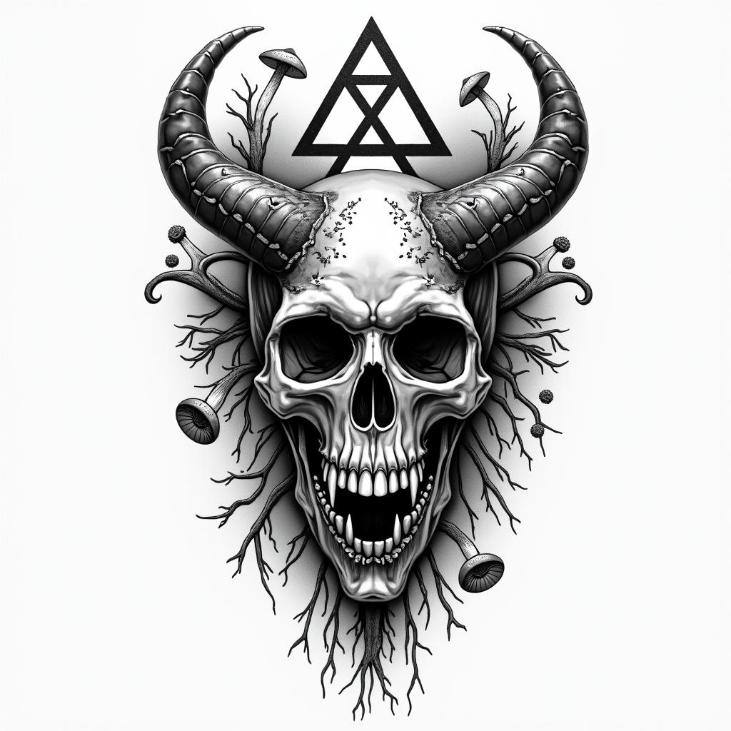 Vines flowers and mushrooms trippycreepy horror tattoo style, featuring an eerie and unsettling skull of a demonic creature, distorted face with sharp fangs, add pentagram symbol