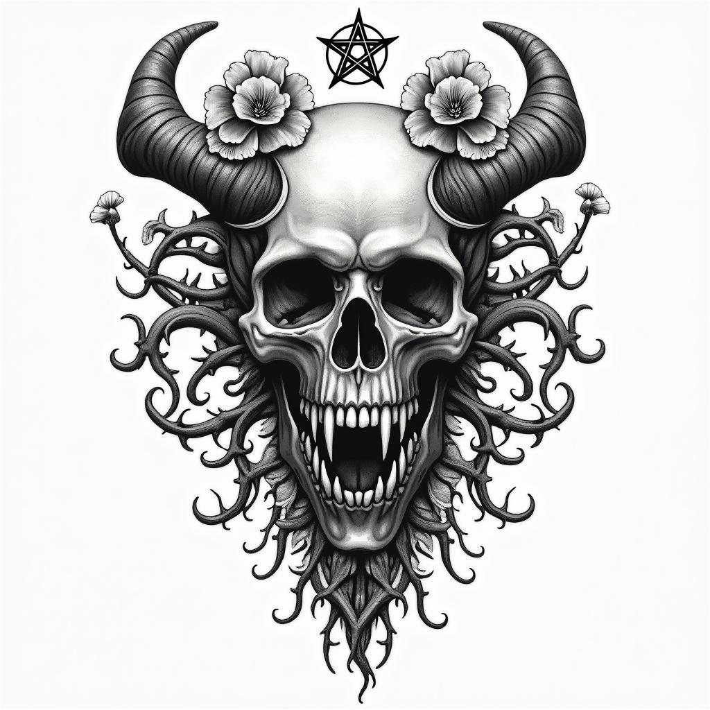Vines flowers and mushrooms trippycreepy horror tattoo style, featuring an eerie and unsettling skull of a demonic creature, distorted face with sharp fangs, add pentagram symbol - Variation 3