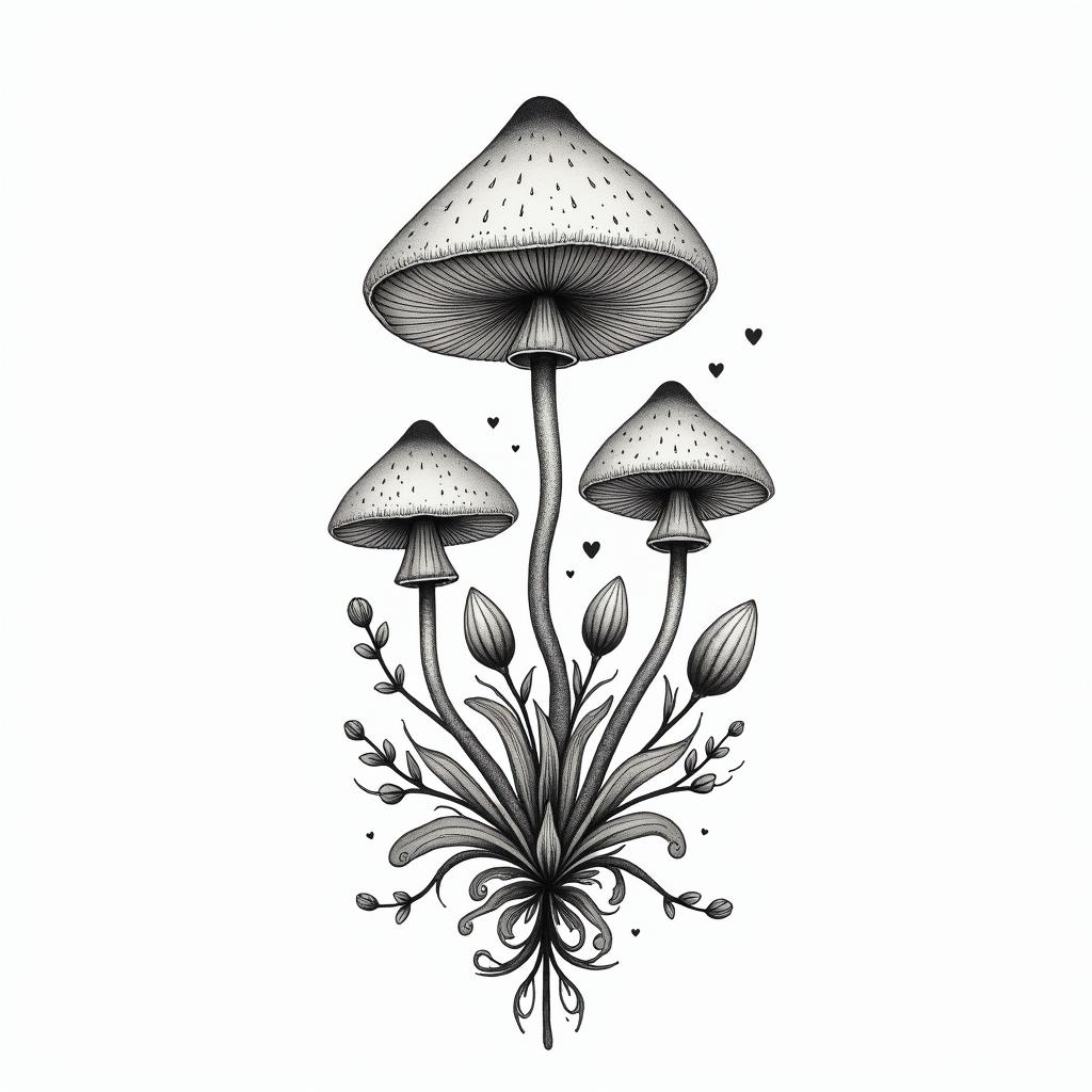 Vines flowers and mushrooms trippyin Modest style tattoo, featuring soft, delicate line work with simple and meaningful symbols, gentle waves, a heart, evoking a sense of serenity and grace, - Variation 3