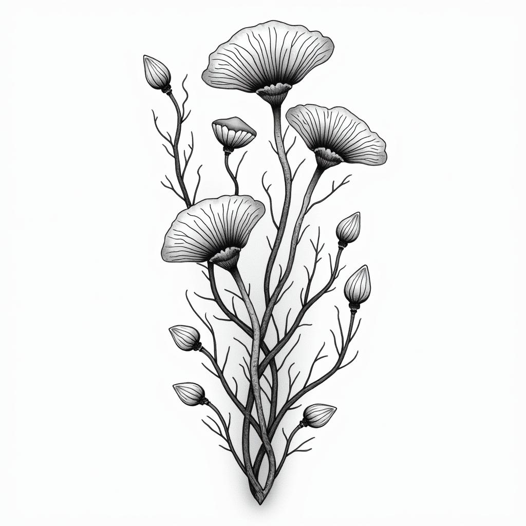 Vines flowers and mushrooms trippyin Modest style tattoo, featuring soft, delicate line work with simple and meaningful symbols, gentle waves, a heart, evoking a sense of serenity and grace, - Variation 4