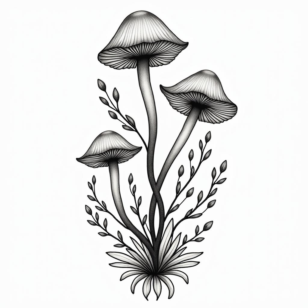Vines flowers and mushrooms trippyin Modest style tattoo, featuring soft, delicate line work with simple and meaningful symbols, gentle waves, a heart, evoking a sense of serenity and grace, - Variation 2