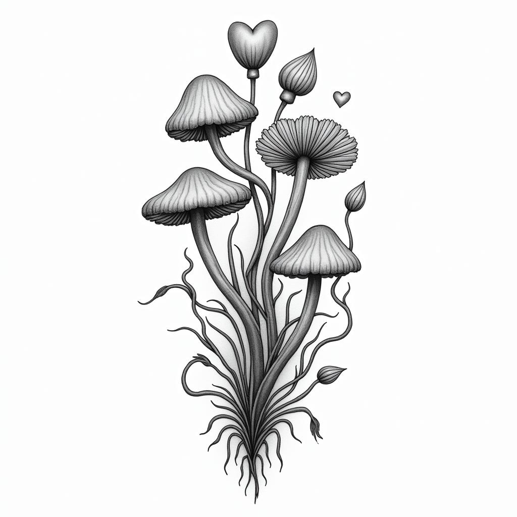 Vines flowers and mushrooms trippyin Modest style tattoo, featuring soft, delicate line work with simple and meaningful symbols, gentle waves, a heart, evoking a sense of serenity and grace,