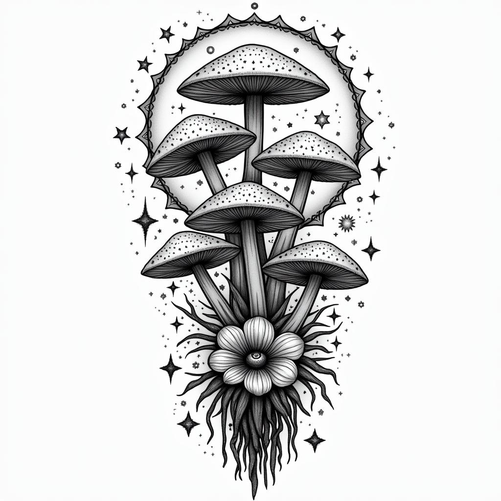 Vines flowers and mushrooms trippyin prophecy tattoo style, featuring mystical symbols, celestial imagery like stars, moons, suns, geometric patterns, foretelling elements, an eye of wisdom - Variation 4