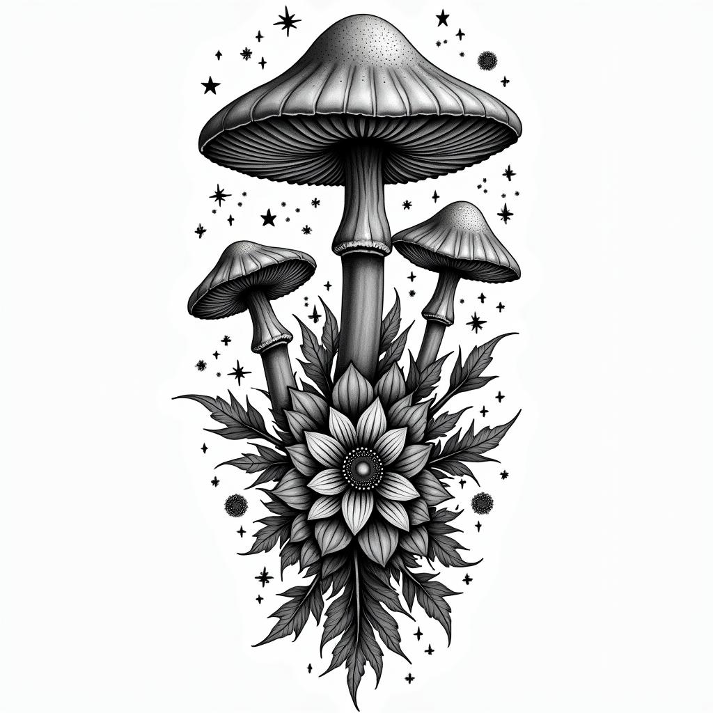 Vines flowers and mushrooms trippyin prophecy tattoo style, featuring mystical symbols, celestial imagery like stars, moons, suns, geometric patterns, foretelling elements, an eye of wisdom